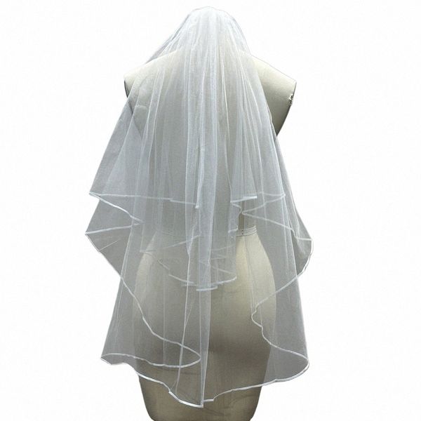 2024 VEU DE NOIVA WHITE IVORY ELÉGANT RIBB EDRE VEIL DE MARIAGE AUX ACTURES DE MARIAGE AUX COMPRES Deux couches courte du Veille nuptiale avec peigne J97H #