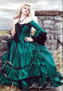 2024 Vestidos de fiesta victorianos de color verde esmeralda con hombros descubiertos, mangas largas, vestido de mascarada de princesa largo vintage, vestidos formales
