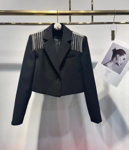 Vinatge – manteaux noirs à manches longues et col en cristal pour femmes, vestes longues de styliste à boutons simples et poches, 2024, 3021