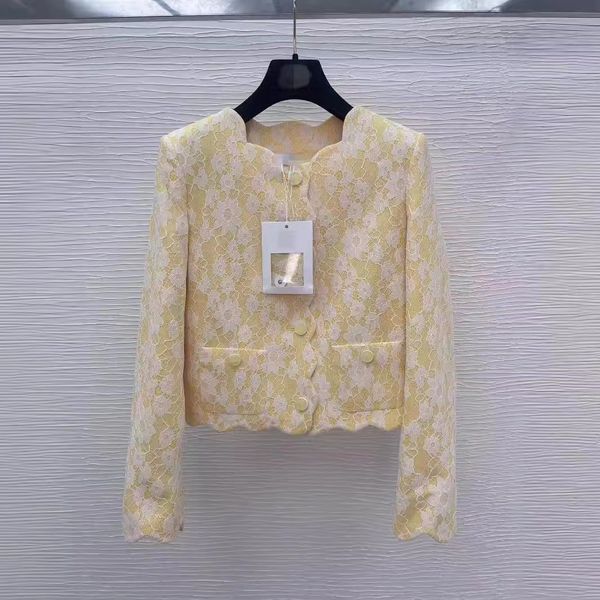 2024 Vinatge jaune col rond dentelle manches longues boutons poches manteaux pour femmes concepteur boutons simples poches vestes longues 30517