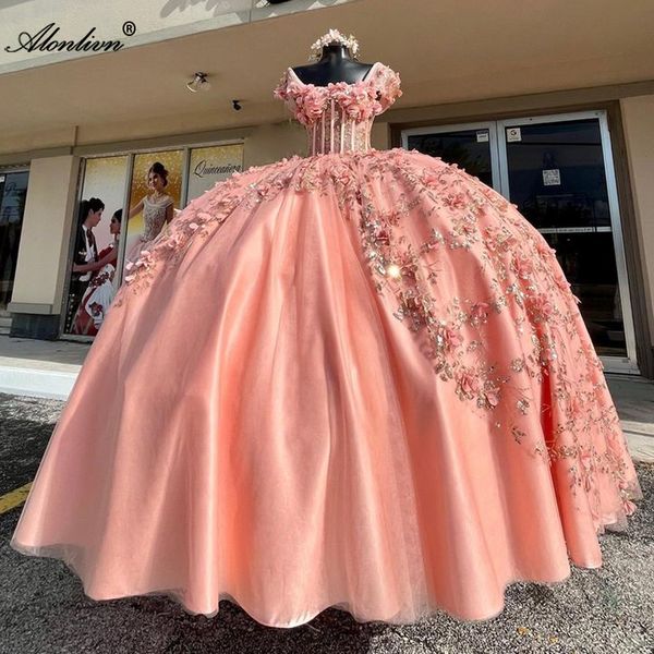 2024 Vintage perle 3d fleurs broderies appliques robes de bal gonflées robes de quinceanera