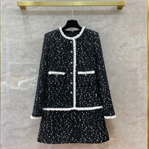 Robe longue en Tweed pour femmes, Vintage, points noirs, manches longues, boutons, piste Milan, manteaux, 2024, 12118982983