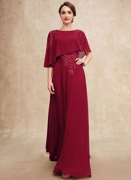 2024 Vintage Bourgogne Mère de la Robe de Mariée A-ligne Scoop Longueur Au Sol En Mousseline De Soie Dentelle Perles Paillettes Robes De Fête D'invité De Mariage Pour Les Femmes Grande Taille