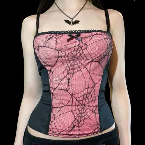 2024 Vintage Cami Cami Tops Mujeres Mesh Spider Net Toques de tanques de encaje Femenino Summer Sexy Crops Camisetas Harajuku 2000s 240517
