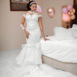 2024 Vintage sirène robes de mariée robes de mariée col haut manches longues organza dentelle appliques perles perles plus taille africaine nigérian queue de poisson robe de mariée