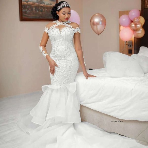 2024 Robes de mariée de sirène vintage Robes nuptiales à manches longues à manches longues en dentelle Organza Perles perles plus taille nigériane nigériane Robe de Mariee 0513
