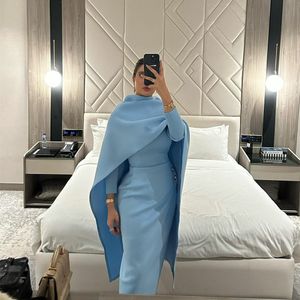 2024 Vintage Mère de la mariée Robes Musulman High Neck Long Sleevevs Satin Blue Blee Sage de mariage robes invités Longueur du thé avec Cape 403