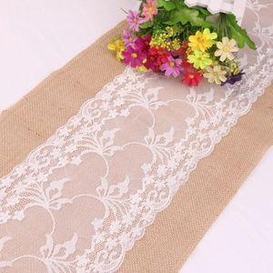 2024 Vintage Retro Arpillera Lino Yute Evento Suministros para fiestas Hierba Boda Año Nuevo Mantel de tela Navidad Camino de mesa de encaje blanco