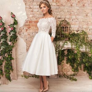 2024 Vestido de novia corto vintage para mujer Manga larga Cuello redondo Longitud del té Encaje Satén Una línea Vestidos de fiesta de novia Vestidos De Noiva Casamento