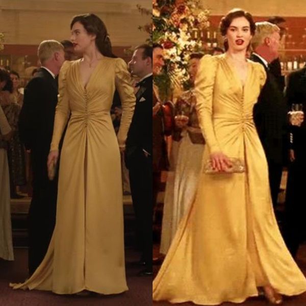 2024 Vestidos de noche dorados victorianos vintage Pliegues con cuello en v Mangas largas Puff Una línea Vestidos para ocasiones formales simples Frente dividido Vestido de fiesta elegante para mujeres