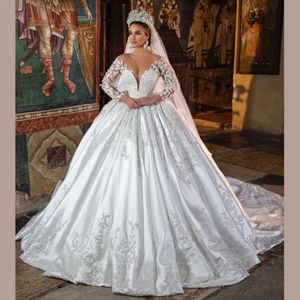 2024 Robe de mariée vintage pour la mariée robe de bal col rond dentelle appliques perles paillettes manches longues robes de mariée en satin sur mesure robes de noivas