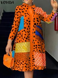 2024 Vonda dames Boheemse jurk Rapel Lapel Land Mouw Leopard Gedrukte shirt Sundress Mode Knoppen knellenlengte Vestidos Oversized 240425