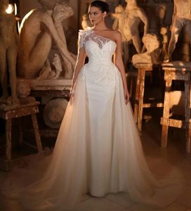2024 Robe de mariée avec train détachable Train One épaule à manches longues à manches longues Lace 3d Fleur Bridal Verstidos de Novia Customée