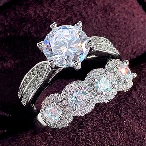 2024 Trouwringen Handgemaakte Luxe Sieraden 925 Sterling Zilver Rond Geslepen Top Verkoop 5A Kubieke Zirkonia CZ Diamanten Edelstenen Partij Vrouwen Verloving Bruidsring Set Cadeau