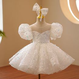 2024 Robes de fille de fleur blanche Bling Bling pour mariage 3d fleurs robes de bal filles concours de robe de robe