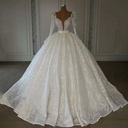 2024 White Lace White Hecho a personalizado vestidos de vestir de pelota de lujo con cuello hinchado V lentejuelas de manga larga Mujeres Formas de novia formal