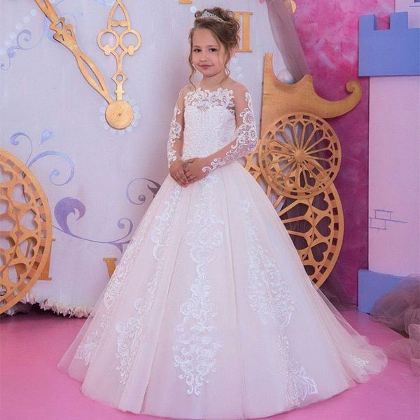 2024 White en dentelle Flower Girls Robes Broidery Ball Boue Sleeves Jewel Necy Tulle A LINE Little Girl Princess Pageant Children Kids Long Party Communion robes