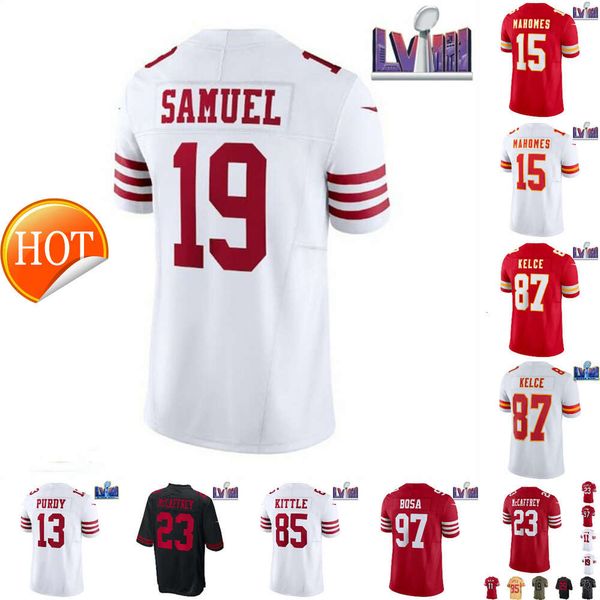 2024 Menores al por mayor niños Christian Brock Patrick Purdy George Jersey Tyreek Nick Travis McCaffrey Fred Mahomes Kelce Bosa Kittle Warner todas las camisetas cosidas