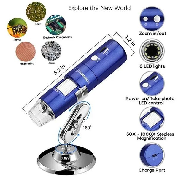 2024 WiFi Electron Kid Microscope Prostoremer 1000X 2MEGAPIXELS 1000X Bragnification vidéo 8 LED LUMIÈRE MINE MINI ENDOSCOPE DE CAMÉE - Microscope pour les enfants