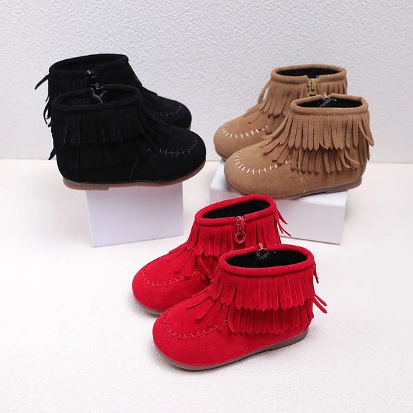 2024 Hiver Filles Franges Bottines Troupeau Bottes En Caoutchouc Chaud Enfant En Bas Âge Enfants Coton Rembourré Glands Bottes Rouge Rose Noir Couleur 240122