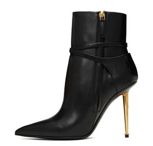 2024 Hiver Luxe Femmes Noir Cadenas En Cuir Bottines Serrure À Clé À Bretelles À Bout Pointu Robe De Soirée À Talons Hauts Bottines De Mode Tom Ford Boot EU35-43 Avec Boîte