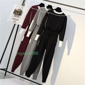 2024 Invierno Mujeres tejidos de 2 piezas Manga larga O Cuello Sportwear Sweter Sweater y Pocket Pant traje PC
