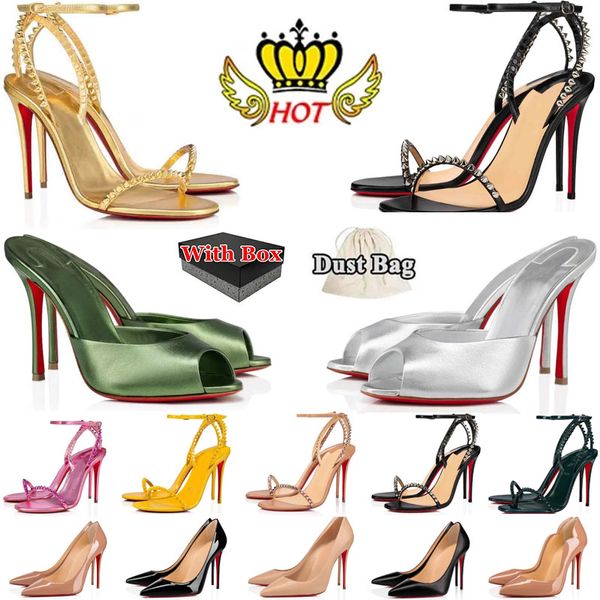 2024 con caja Luxury Red Sole High tacones Red Bottoms zapatos de vestir para mujeres Sandalias de punta de punta sexy, así que Kate Hot Chick Platform Shoe de 10 cm de 12 cm con bolsa de polvo