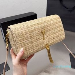 2024 Vrouw Stro Strand Schoudertassen Crossbody Designer Tas Luxe Telefoontassen Kleine Gehaakte Flappen Dame Portemonnee Kaki Gouden Letters