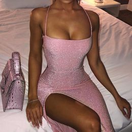 2024 WOMANDRESS Hirigin Glitter Lace Pink Up Open Back High Split Maxi Vestido de verano Club Bodycon Vestidos de mujer Partydress Promdrss