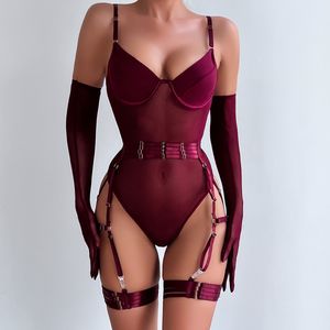 2024 Vrouwen Valentijnsdag Sexy Corset Elasticiteit Verleiding Body Bustier Ondergoed Push Up Slanke Jarretellegordels Met Handschoen 3 Delige Set Lingerie