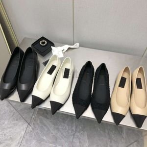 2024 Femmes Robe Chaussures Nude Toe Pompes Tweed Veau Blanc Noir Cuir Tweeds Tissus Hiver Casual Party Chaussures Designer De Luxe Mode Ballet Plat Chaussure