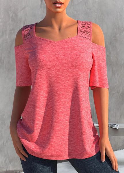 2024 femmes mode l5xl rose rose tshirt blouses décontractées coutures de dentelle à épaule froide manches longues plus taille d'été 240419