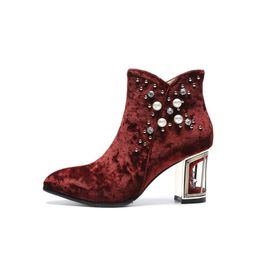 2024 Women Ladies Boots 7cm Birdcage Cuts Out Chicly High Heels Ankle Booties Velours Dress Shoes Pearl Rivets Round Toe trouwfeest Zipper 3d Flower Retro Jane