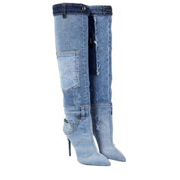 2024 femmes dames en cuir véritable talons hauts pillage bouton à bout long bottes de cowboy mariage denim jeans gladiateur décontracté les poches de passerelle plier les chaussures taille 34-43
