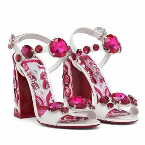2024 mujeres damas sandalias de patente genuina zapatos de vestir 6 cm chuckly tacones altos peep-toe fiesta de boda sexy hebilla de impresión correa diamante bohemia colorido rosa tamaño 35-43