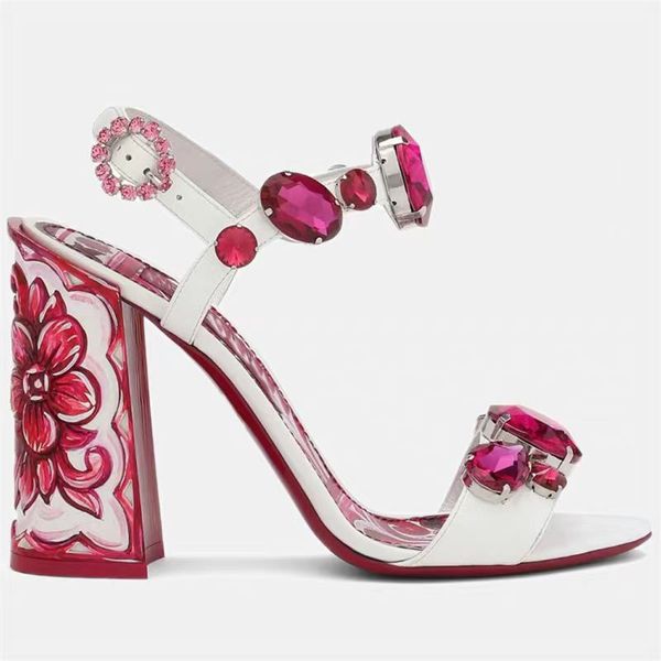 2024 femmes dames véritables sandales brevetées chaussures habillées 6 cm chuckly talons hauts peep-toe fête de mariage sexy imprimé boucle sangle diamant bohême coloré rose taille 35-43