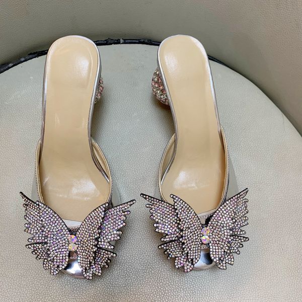 2024 Mujeres Damas Genuina Real Cuero Tacones Altos Sandalias de verano Bead 3d Flip-Flops Slipper Slip-On Wedding Vestido Gladiator Zapatos Diamante Butterfly