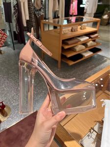 2024 Women Ladies Lederen kledingschoenen Super 16cm Hoog Heel Shoes Platform Pumps Patent Transparante polyurethaan Bottom Dance Party Bruiloft Buckle Mary Jane 34-44