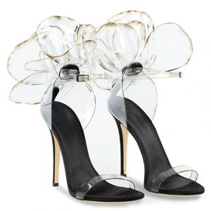 2024 Women Ladies PVC leer 9,5 cm hoge hakken Sandalen Zomer Casual bruiloft Gladiator sexy schoenen 3d grote transparante bloem peep-toe één lijn gesp op 34-42 lg