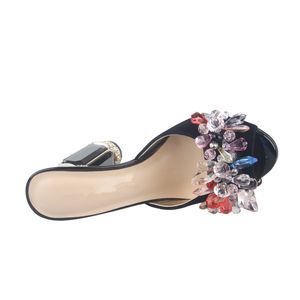 2024 Femmes Mesdames Real Le cuir strass de régime hauts Sandales en daim Summer Summer Flops Slipper Slip-On Voblows Diamond Boulettes de diamant 3D Fleur colorée noire