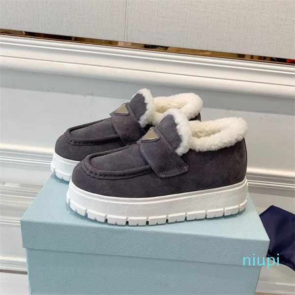 2024 Femmes Mocassins Chaussures de baskets Plate-forme Casual Rétro Fourrure de mouton Cuir uni Gris Kaki Noir Daim Cuir Laine Chaussures compensées chaudes