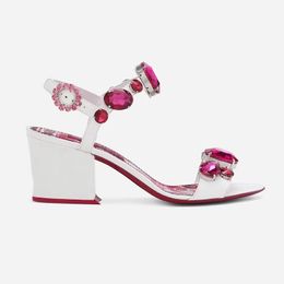 2024 Femmes Nouvelles sandales de brevet authentiques Chaussures habillées 6cm talons hauts charmants Peep-Toe Wedding Party Sexy Print Buckle Strap Diamond Bohemia Colorful Pink Size 35-43 3D