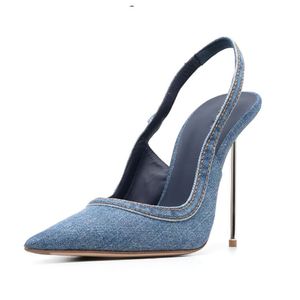 Sandales en Denim à talons hauts en métal de haute qualité pour femmes, chaussures de défilé de mode ajourées et pointues Sexy européennes et américaines, 2024