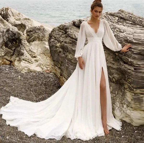 2024 Vestido de novia sexy para mujer con abertura alta y cuello en V Vestidos de novia de gasa con encaje Manga de burbuja Sin respaldo Playa Boho Vestidos De Novias