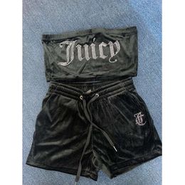 2024 Pantalones de dos piezas para mujer Juicy Apple Veet Sexy con taladro Tubo de moda Crop Top Pantalones cortos con cordón informal Conjunto de ropa de verano suelta Chándal 666eee