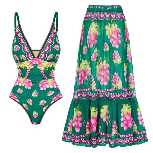 2024 Femmes de maillot de bain Set Deep V Retro Green Grapes Print Swimwear Beachwear Bathing Full