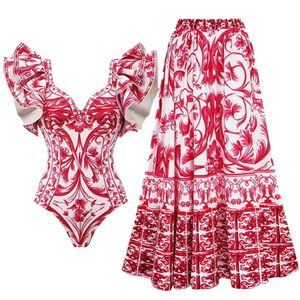 2024 Vrouwen Badmode 2PC Cover-up Badpak Ruche Effen Gedrukt Diepe V Een stuk Monokini Kimono bikini Pak Zomer Beachwear