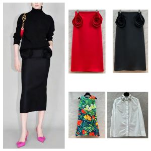 Robes basiques et décontractées pour femmes, jupe Valen et chemise blanche, imprimé Floral, robe Sexy, grande fleur cousue, jupe rouge et noire, 2024