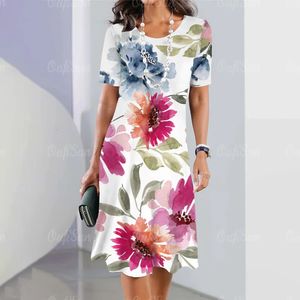 2024 Damesjurken Midi Floral Gedrukte Zomer Elegante jurk Feample Korte Mouw Mode Oversized Vrouwenkleding 240422
