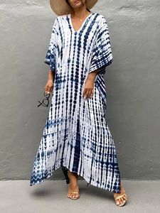 2024 Femmes de bain à imprimé Caftans Long Cover Up Casual MAXI Robe plus taille Kaftan Robe tunique Kimono Summer Beach Wear 240327